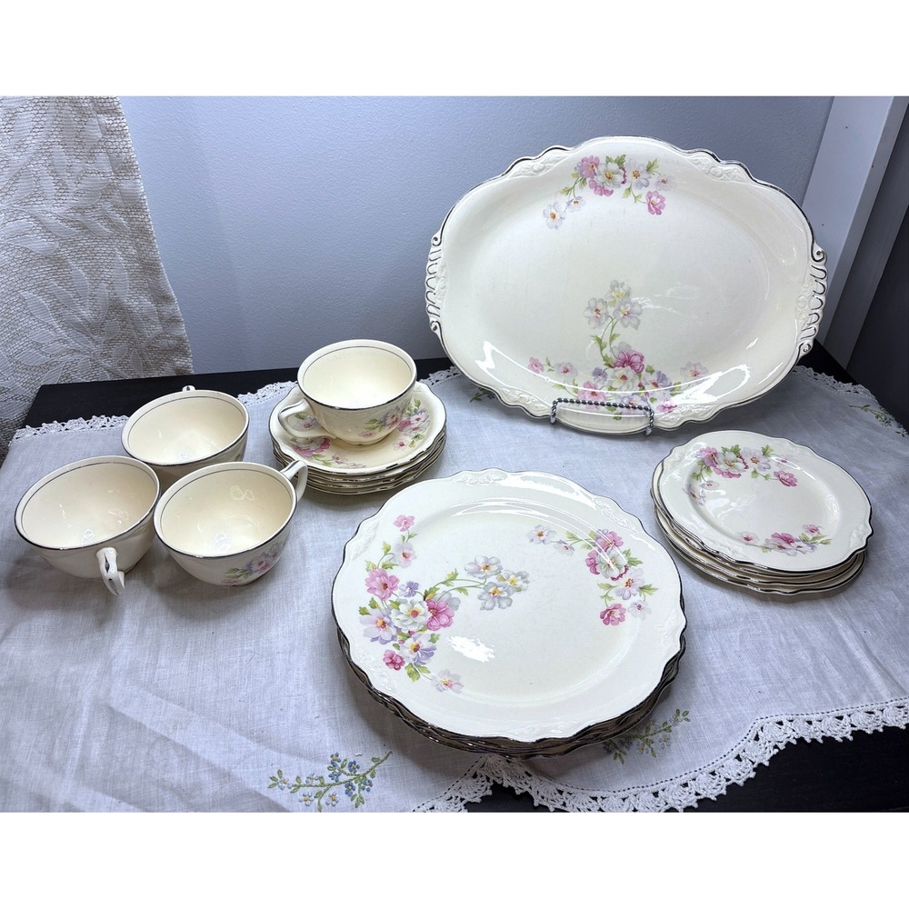Homer Laughlin Fluffy Rose Floral China Set 17pc Platter Plates Cups 1940s USA